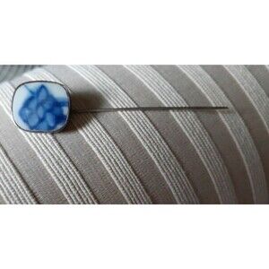antique ceramic stick pin brooch vintage blue pottery jewelry Sterling silver